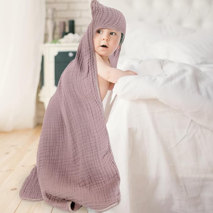 Peryiter 4 Pcs Muslin Hooded Baby Towels, 32x 32'' Cotton Newborn Bath Towel Muslin Infant Baby Blankets Absorbent Unisex Christmas Registry Gift Essentials for Girls Boys (Beige Series)
