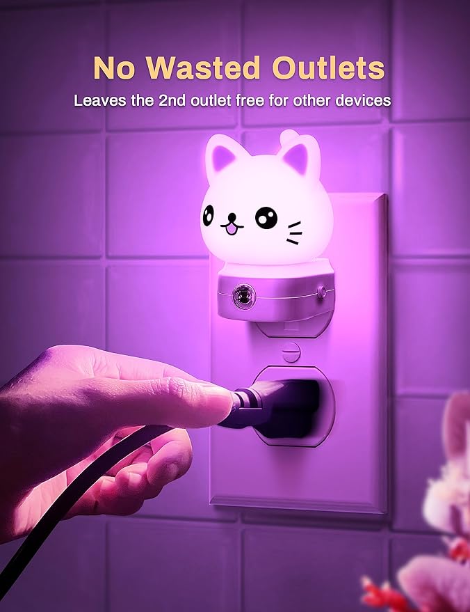 Cat Night Lights Plug Into Wall [2 Pack], Cute Night Light for Kids, 8-Color RGB LED Night Light, Nightlight with Dusk to Dawn Sensor for Kids Room, Bathroom, Bedroom Décor, Children Christmas Gift
