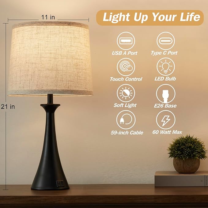 Hikczc Touch Lamp for Living Room Bedroom, 21" Table Lamps Set of 2 with USB C+A Ports, Touch Bedside Lamps for Nightstand with 3 Way Dimmable, 2 LED Bulbs Included, Black
