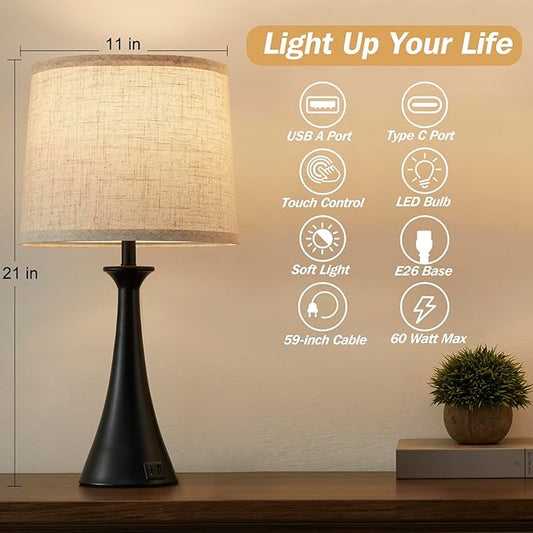 Hikczc Touch Lamp for Living Room Bedroom, 21" Table Lamps Set of 2 with USB C+A Ports, Touch Bedside Lamps for Nightstand with 3 Way Dimmable, 2 LED Bulbs Included, Black