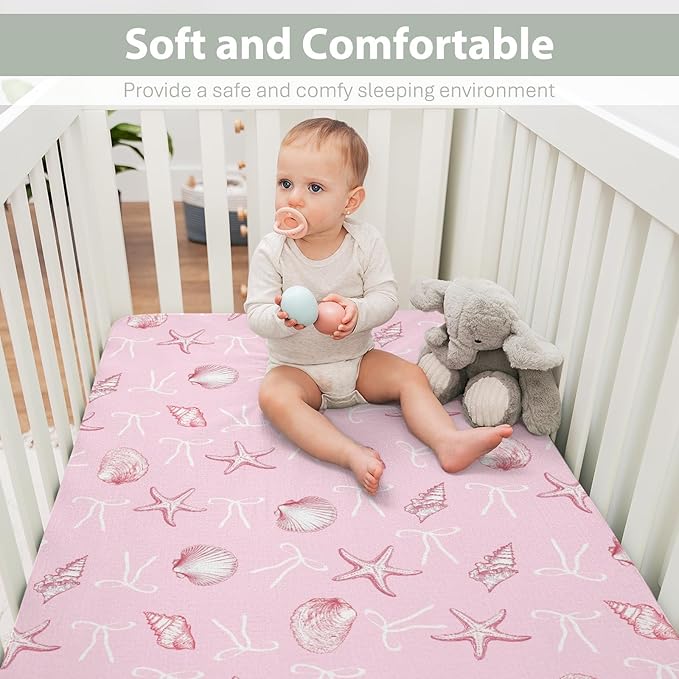 Summer Conches Bows Sea Baby Crib Sheets for Boy Girl 52"x28" Ocean Seashells Beach Soft Snug Fitted Crib Mattress Covers Boho Nautical Life Baby Sheet for Standard Crib and Toddler Bed Mattress Pink