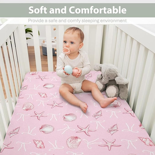 Summer Conches Bows Sea Baby Crib Sheets for Boy Girl 52"x28" Ocean Seashells Beach Soft Snug Fitted Crib Mattress Covers Boho Nautical Life Baby Sheet for Standard Crib and Toddler Bed Mattress Pink
