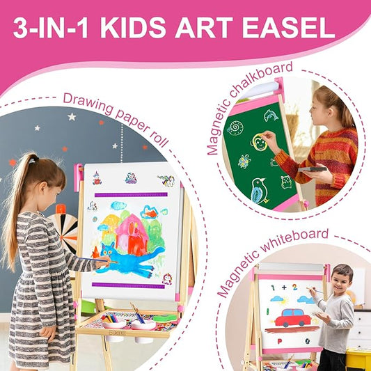 Easel for Kids Toys,Adjustable Wooden Toddler Art Easels, Girls Toys for Ages 5-7,8-13,Magnetic Dry Eraser White Board and Chalk Board with Art Supplies,Kid Easel 4 5 6 7 8 9 10 Year Old Girl Gifts