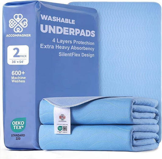 Accompagner Waterproof Reusable for Adults and Pets Washable Pee Pads for Dogs Changing Pad Large Dog Bed Size Adults Incontinence Bed Pads - Non-Slip Leak-Proof (Blue, 2Pack-36" x54")