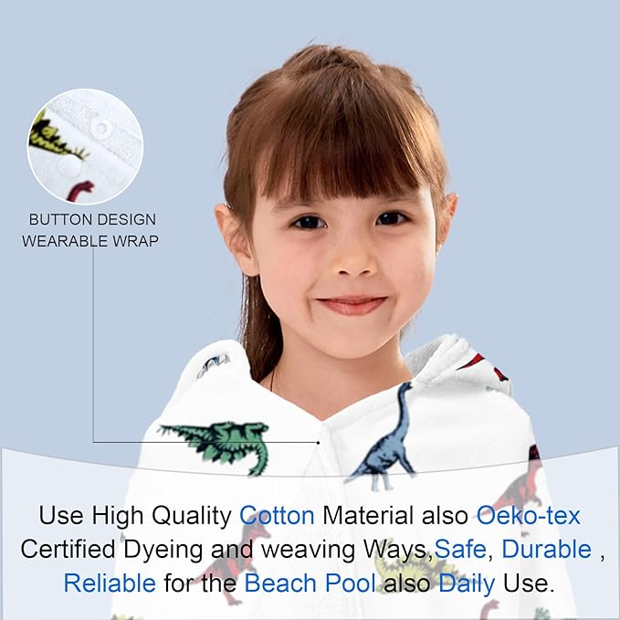 VOOVA & MOVAS Hooded Bath Towel for Kids (3-8 Years) – 100% Cotton Soft Absorbent Swim Towel (30"x50") – Perfect for Pool, Beach, Bath,Dino