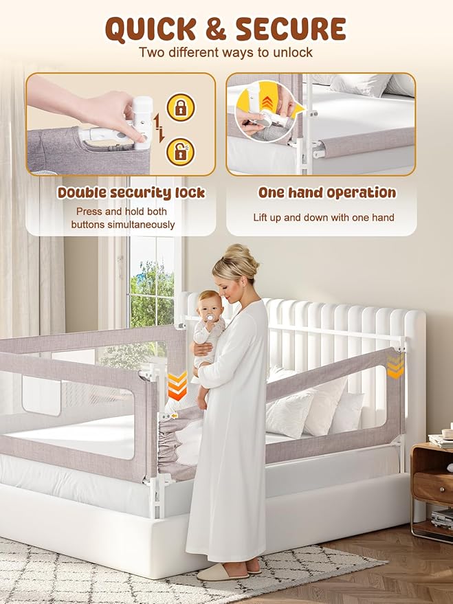 VBABY 3-Piece Bed Rails for Queen Bed, Sturdy Baby Bed Rail Guard for Toddler, Adjustable Height Queen Bed Rails with Headboard Rod, Grey, 59 x 78.7 x 78.7 in