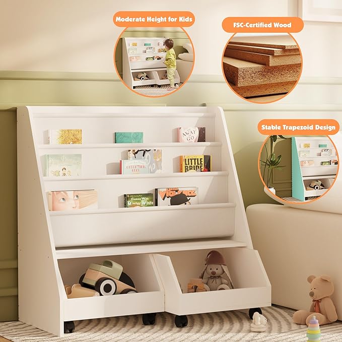 HedoAjim Kids Bookshelf with Two Movable Drawers Toddler Bookcase with Toy Storage Organizer Child Sling Book Rack Baby Cabinet Chest with Wheels for Nursery,Playroom,Bedroom,Living Room,Classroom