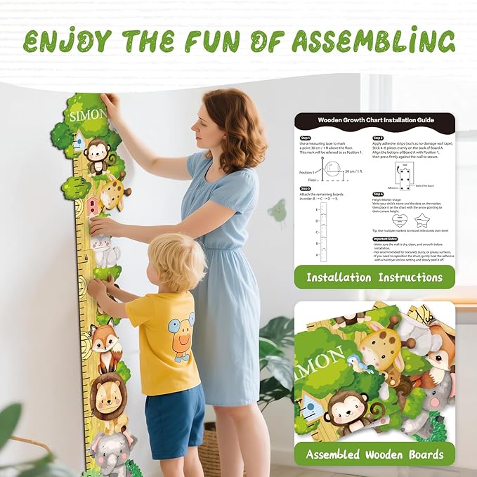 Woodemon Personalized Name Growth Chart for Wall, Forest Animal Stack Wooden Height Chart, Boy Girls Height Chart Growth Measuring Ruler, Christmas Birthday Gift for Boys and Girls