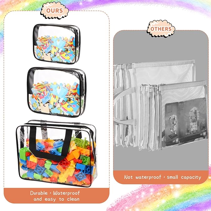 18 Packs Toy Storage Bags with Labels, Clear PVC Puzzle Storage Bags, Waterproof Travel Toy Organizer Bags with Zipper for Building Blocks Kids Books (3 Size)