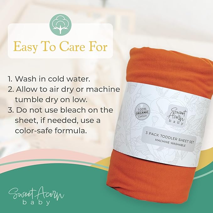 3 Piece Toddler Bedding Sets - Organic Cotton Jersey Knit - Fits Convertible Cribs and Mattresses - 9" x 28" x 52" - Sunset Orange