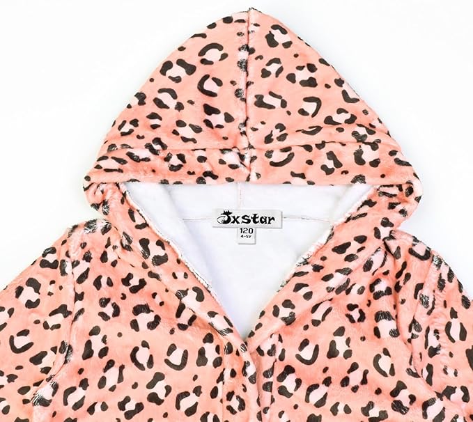 Jxstar Girls Bathrobes Kids Hooded Robes Plush Fleece Pajamas Soft Coral Sleepwear