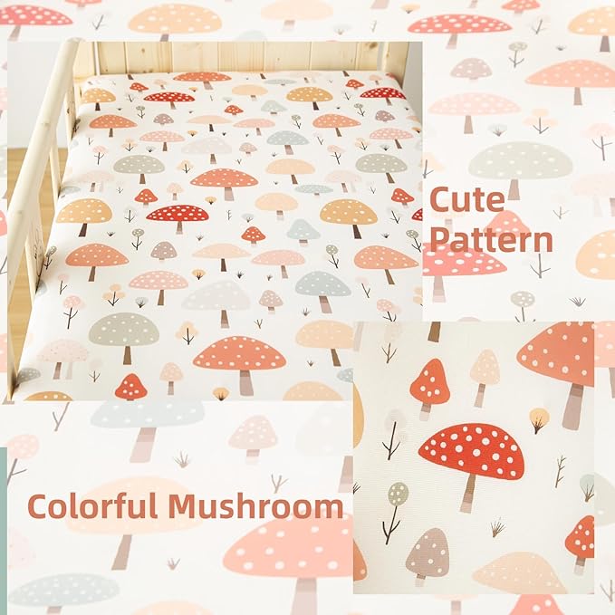 SDIII 2 Pack Mushroom Crib Sheets for Boys Girls 52×28 Stretchy Microfiber Jersey Knit Soft Fall Crib Sheets for Standard Crib and Toddler Mattress