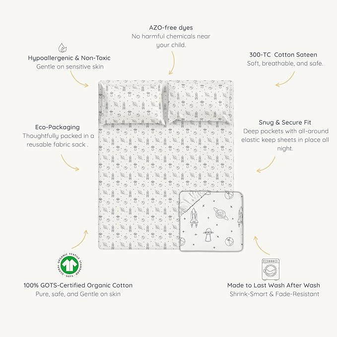 MakeMake Organics Organic Full Fitted Sheet Set GOTS Certified Organic Cotton Fitted Sheet with Pillowcase Ultra Soft Non Toxic Breathable Hypoallergenic Outer Space Celestial (Full, Astronaut)
