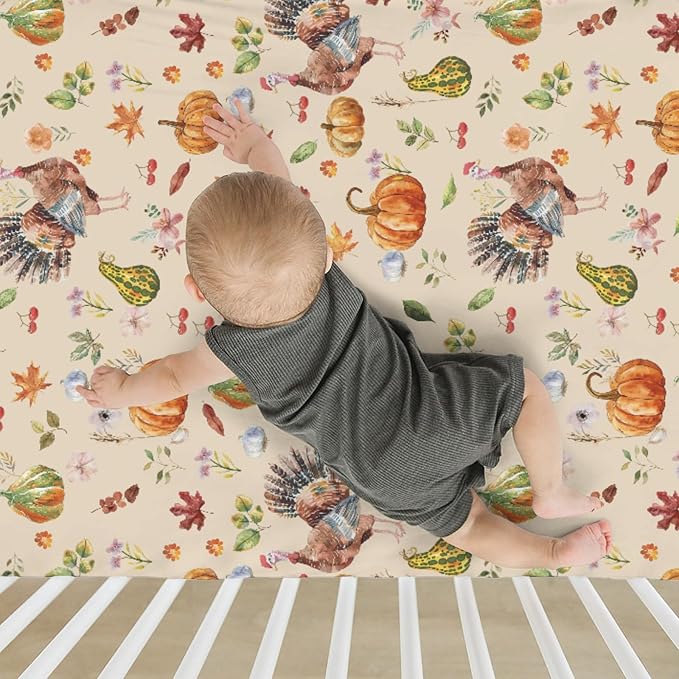 Thanksgiving Turkey Pumpkins Baby Crib Sheets for Boy Girl 52"x28" Vintage Autumn Leaves Soft Stretchy Fitted Crib Mattress Covers Fall Harvest Baby Sheet for Standard Crib and Toddler Bed Mattress