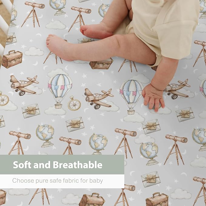 Adventure Baby Crib Sheets for Boy Girl 28"x52" Travel Planes Compass Luggage Globe Explore Soft Snug Fitted Crib Mattress Covers Holiday Vacation Baby Sheet for Standard Crib & Toddler Bed Mattress