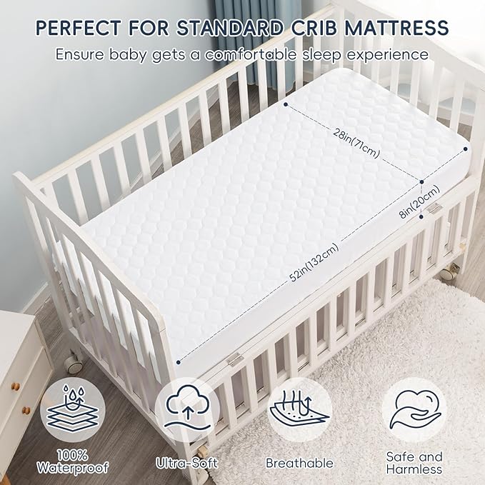 david's kids 2 Pack 52''x28'' Waterproof Crib Mattress Protector Pad Cover Stretch up to 8", Fitted Standard Crib and Toddler Mattresses, Ultra Soft and Breathable for Boys Girls Neutral, White