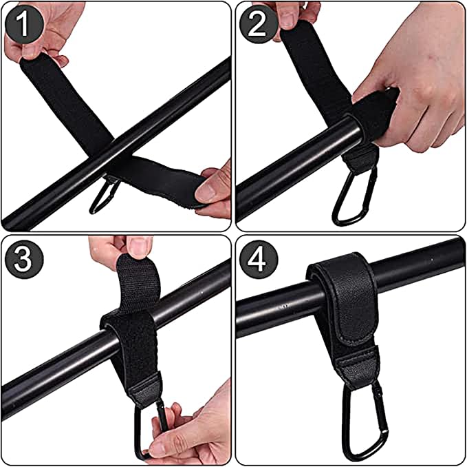 4PCS Stroller Hook Accessories, Multipurpose Stroller Bag Hooks, Leather Stroller Clips for Diaper Bags Pet Carts Grocery Shopping Bags(Black and Brown)