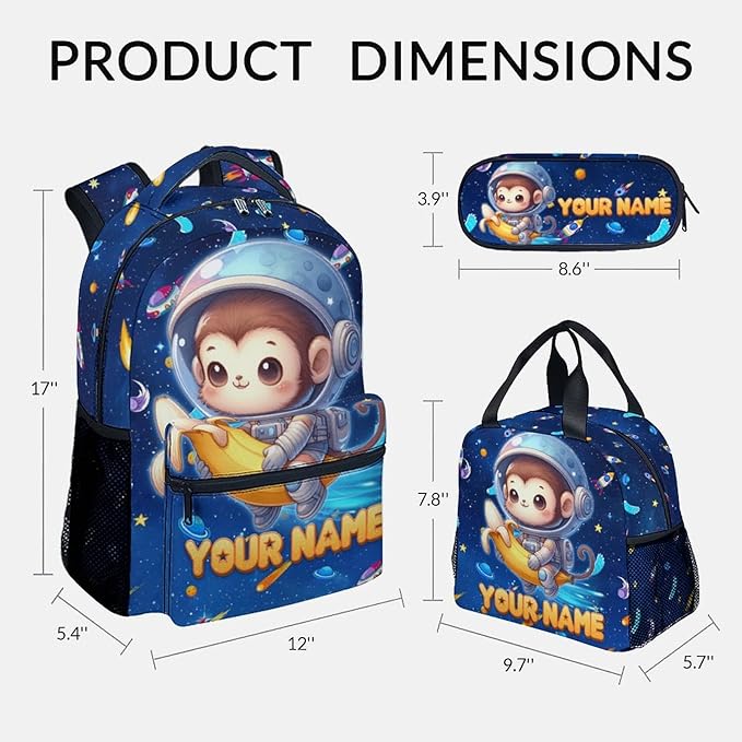 Kids' Backpacks - Personalized Monkey Backpacks with Lunch Bag - Custom Bookbag Set for Girls Boys - Toddler School Bag for Kindergarten/Preschool/Elementary(17 Inch)
