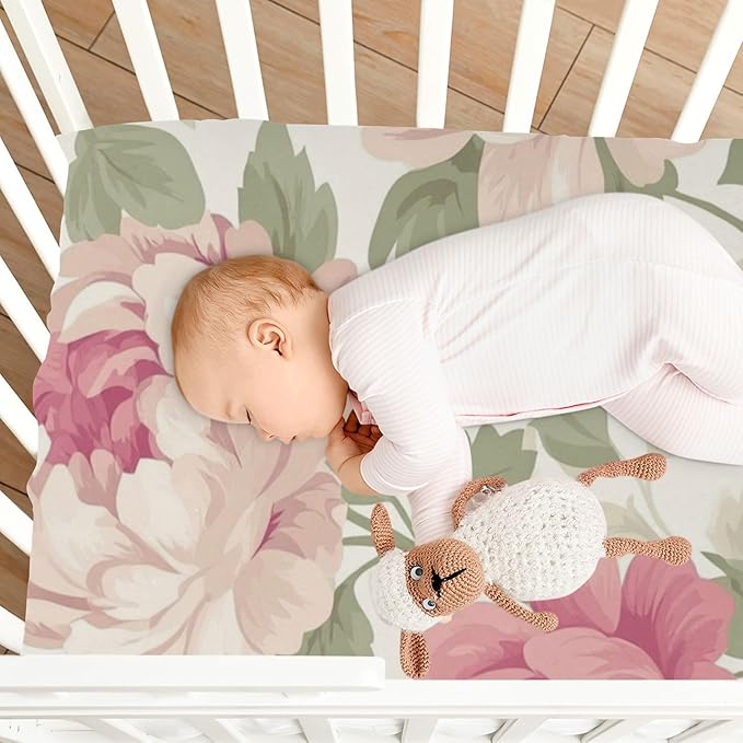Peony Flowers Fresh Beige Crib Sheets Standard Crib Toddler Mattresses Cover Fitted Baby Bed Sheet Breathable Crib Mattress Sheet for Girls Boys 52" x 28"x5''