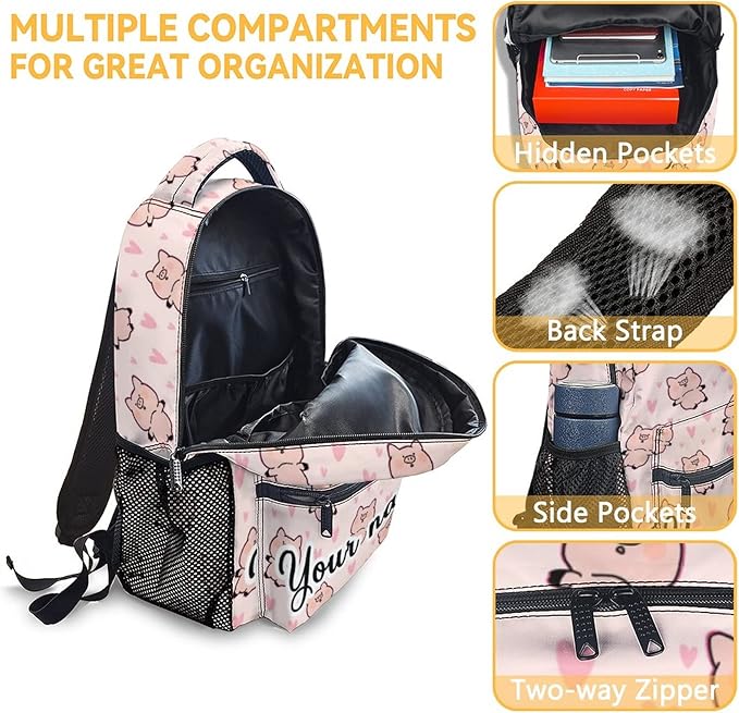 AIOMXZZ Personalized Pig Backpack with Lunch Box and Pencil Case, 16 Inch Cute Pig Bookbag Durable, Lightweight, Large Capacity, Funny Animal Backpack for School Girls Kids Women
