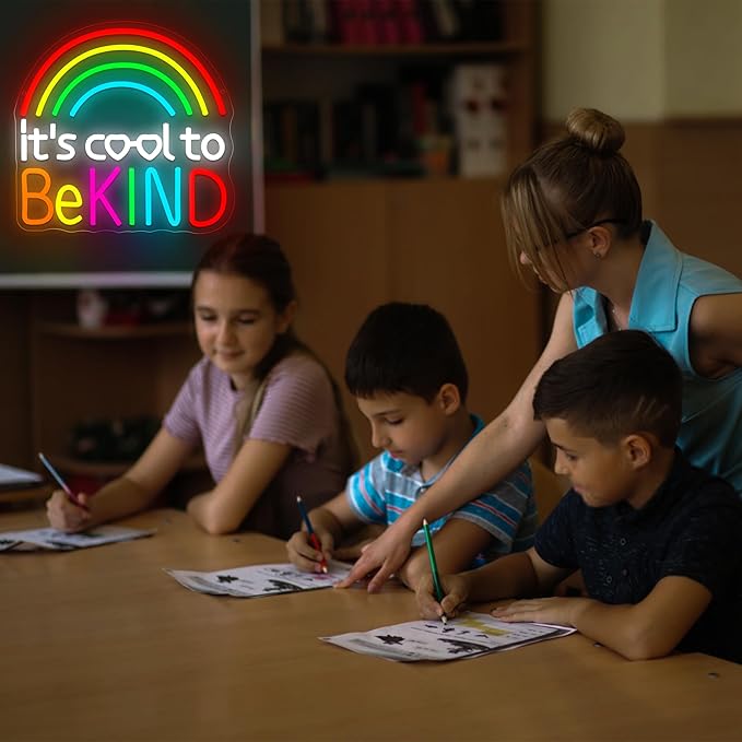 It's Cool To Be Kind Neon Sign for Wall Decor Dimmable Inspirational LED Rainbow Neon Lights for Classroom Decor Teachers Kids Signs Positive Wall Art for Classroom Kids Room Size 13.5*13in(GLNP299)