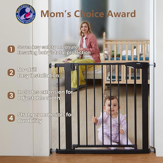 Mumeasy 29.6-46" Baby Gate for Stairs, Pressure Mounted Dog Gate for Doorways, Auto Close Pet Gate for Indoor Use, Extra Wide Child Gate with Walk Thru Door Black, Mom's Choice Awards Winner