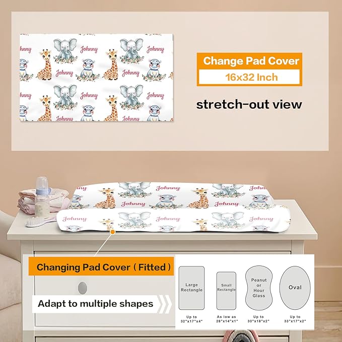 Custom Nursery Crib Bedding Set: Personalized Nursery Decor Baby Blanket Fitted Crib Sheet Changing Pad Cover Baby Room Rug Safari Animals Giraffe Pattern Gift Idea(Fixed Size)