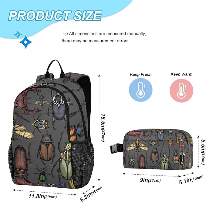 Jucciaco Insects Beetle Backpack with Lunch Bag, School Backpack for Teens Boys Girls Kids Backpacks Set