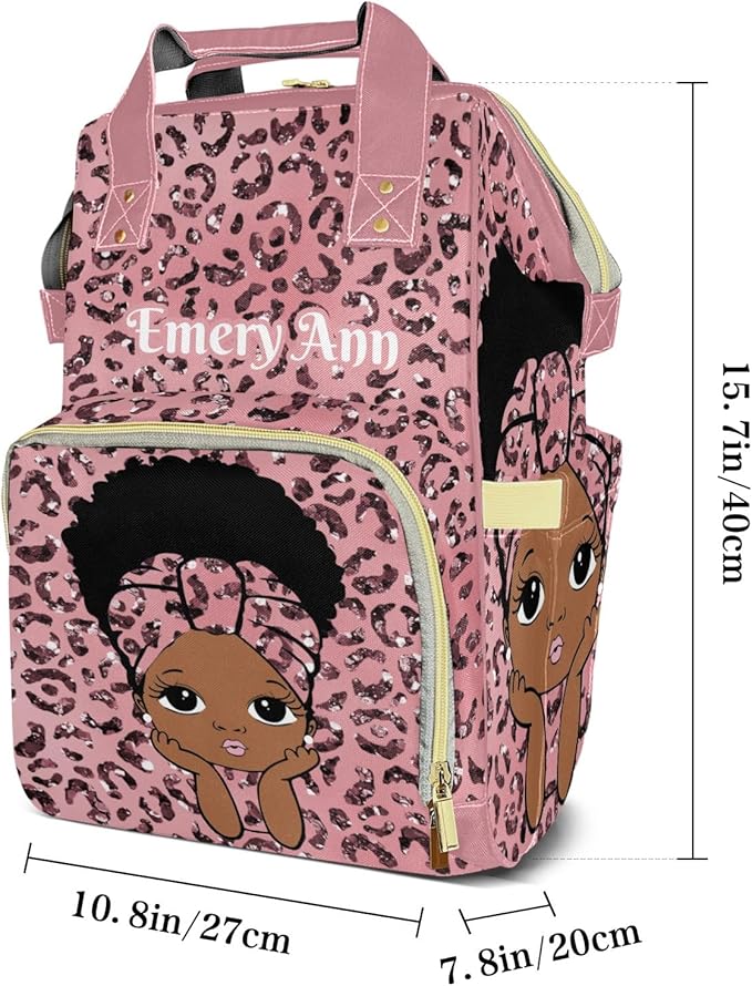 Personalized Pink leopard Print Glitter Girl Custom with Name Diaper Bag Backpack For Baby Boy Girl Dad Mom Unisex for Adult Daypack Holiday Gift