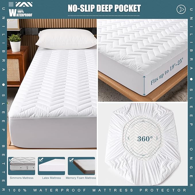 Full Size Waterproof Mattress Protector Quilted, Breathable Ultra-Soft Filling Mattress Pad, Fitted Deep Pocket Mattress Cover Fits 6''-19'' Mattress White