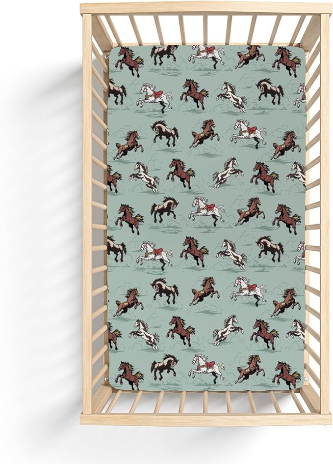 Vintage Wild Horses Baby Crib Sheets for Boy Girl 28"x52" Running Horse Soft Stretchy Fitted Crib Mattress Covers Wild Western Cowboy Animal Nursery Baby Sheet for Crib & Toddler Bed Mattress Green