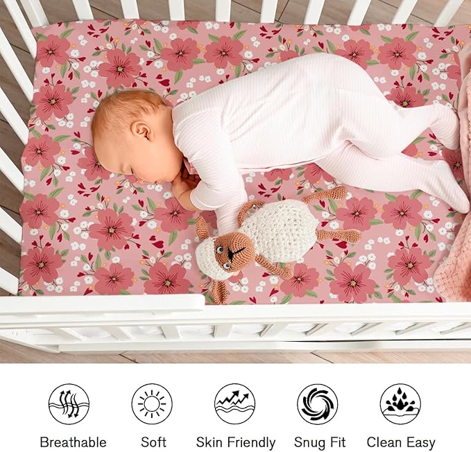 Love Blooms Fitted Baby Crib Sheets for Boy Girl 52"x28" Red Heart Blossoms Soft Breathable Stretchy Crib Mattress Covers Spring Floral Baby Sheets for Standard Crib and Toddler Bed Mattresses