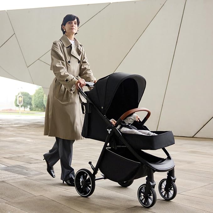 Tinyiota Stroller for Babies,Toddler Strollers with Large UPF 50+ Canopy,Luxury Baby Stroller with Leather Handle & Spacious Seat, One-Hand Foldable Pushchair,Baby Carriage with Lie-Flat Mode(Black)