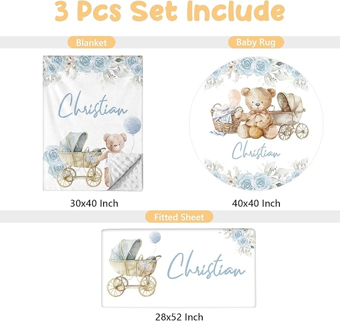 Personalized Baby Crib Bedding Set, 3 Pcs Custom Nursery Bedding Set with Name, Soft Baby Crib Set with Double Layer Blanket for Boys Girls, Customized Gifts for Toddlers Infants, Blue Bear