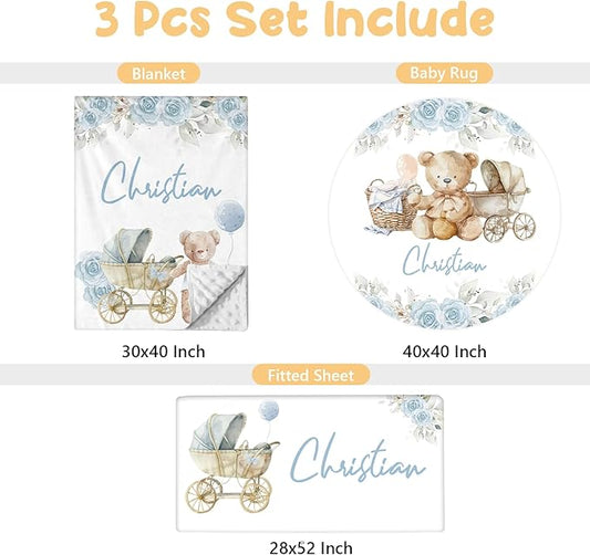 Personalized Baby Crib Bedding Set, 3 Pcs Custom Nursery Bedding Set with Name, Soft Baby Crib Set with Double Layer Blanket for Boys Girls, Customized Gifts for Toddlers Infants, Blue Bear