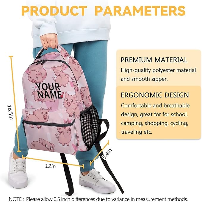 AIOMXZZ Personalized Pig Backpack Gifts with Text Name, 16 Inch Cute Pig Bookbag Durable, Lightweight, Large Capacity, Funny Animal Backpack for School Girls Kids Women