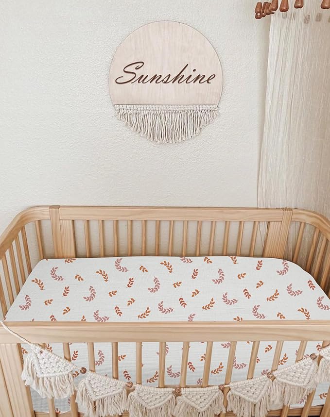 Crib Sheets for Boys Girl, Fitted Baby Toddler Bed Sheets 28" x 52", Neutral Muslin Cotton Crib Mattress Bedding Soft and Breathable Comfort (Leaf)