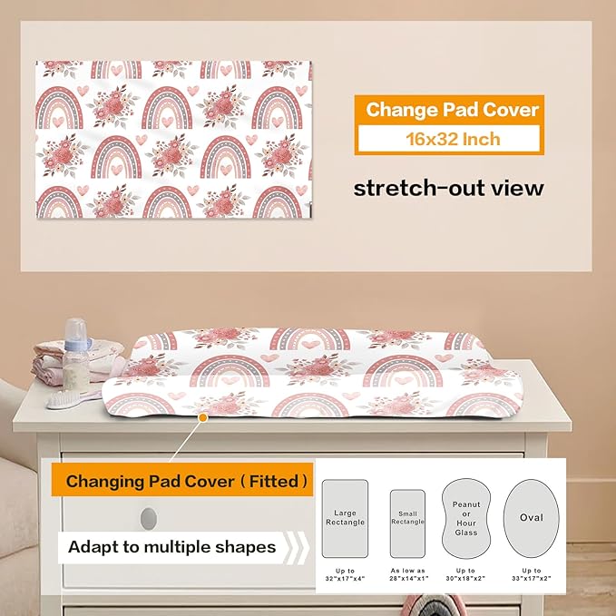 Custom Nursery Crib Bedding Set: Personalized Nursery Decor Baby Blanket Fitted Crib Sheet Changing Pad Cover Baby Room Rug Love Pink Rainbow Pattern Pink Bedding Gift Idea(Fixed Size)