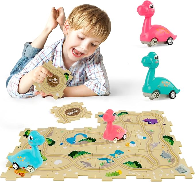Puzzle Racer Kids Car Track Set with 2 Dino Cars, Kids Toys Boys 3-5, Toys for 3 4 5 6 Year Old Boys, Toys for Ages 3-4, Car Tracks for Toddlers, Montessori Toys for 3+ Year Old