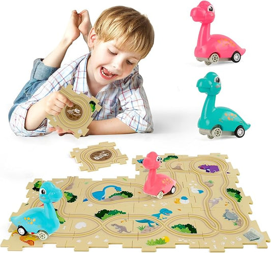Puzzle Racer Kids Car Track Set with 2 Dino Cars, Kids Toys Boys 3-5, Toys for 3 4 5 6 Year Old Boys, Toys for Ages 3-4, Car Tracks for Toddlers, Montessori Toys for 3+ Year Old