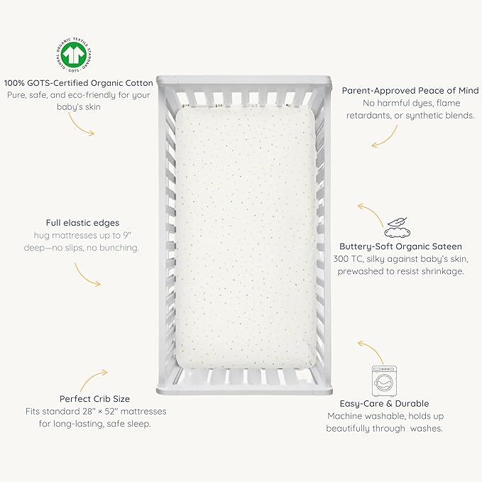 Makemake Organics GOTS Certified Organic Cotton Fitted Crib Sheet Soft Breathable (28"x52", Dotty)