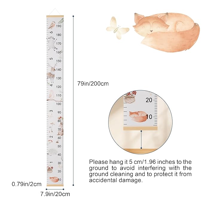 BESSLEE Canvas Kids Growth Chart for Wall, Safari Animals Height Measurement Tracker Gender Neutral, Hanging Ruler with Removable Hook, Nursery Room Playroom Toddler Bedroom Decor, 79”x7.9”