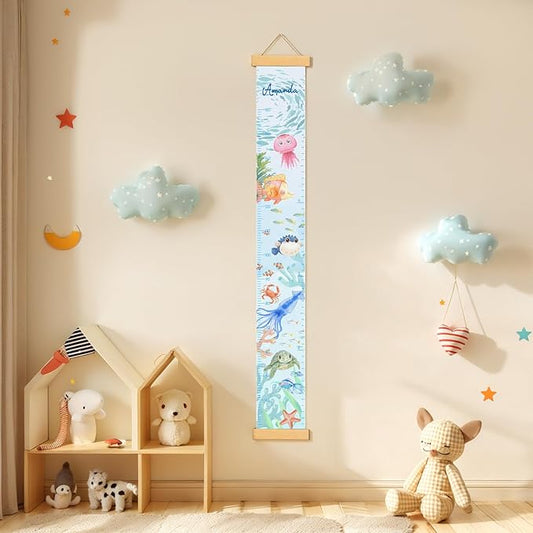 Woodemon Personalized Name Growth Chart for Wall, Painted Marine Animals Canvas Height Chart for Kids Baby Child Toddler, Canvas Growth Chart for Wall Nursery Decor, Hangable & Waterproof