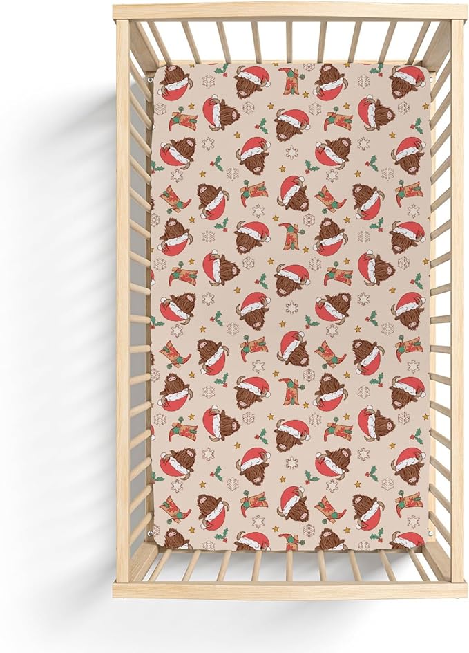 Christmas Highland Cows Baby Crib Sheets for Boy Girl 52x28 Farm Cow Yak Western Boots Snowflakes Soft Fitted Crib Mattress Cover Winter Holiday Baby Sheet for Standard Crib & Toddler Mattress Pad