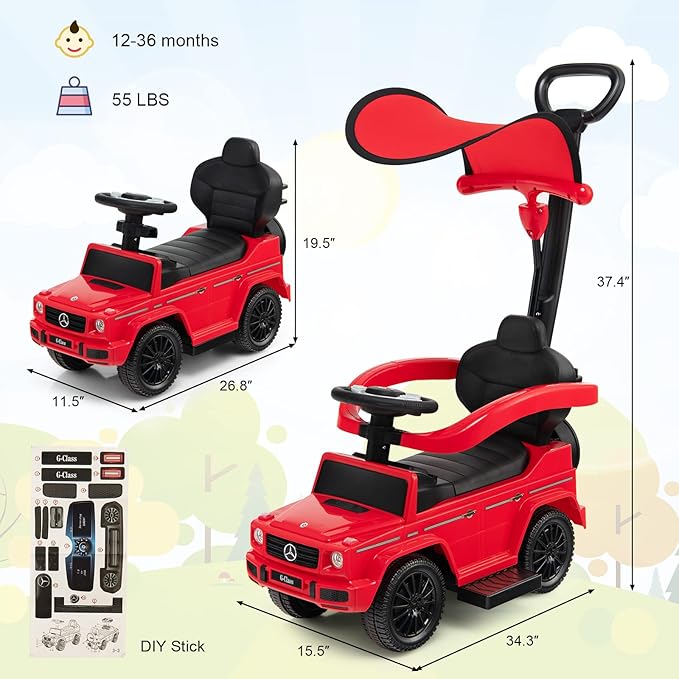 Costzon Push Car for Toddlers, 3 in 1 Mercedes Benz Stroller Sliding Walking Car w/Canopy, Handle, Armrest Guardrail, Underneath Storage, Horn, Foot-to-Floor Ride On Toy for Boys Girls, Red