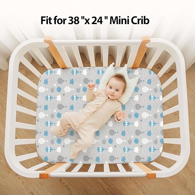Baby Mini Crib Sheets Boy, Portable 38”x26” Pack and Play Sheets Fitted for Playard and Pack N Play Mattress, 3-Pack Soft Microfiber Blue Cloud Animals