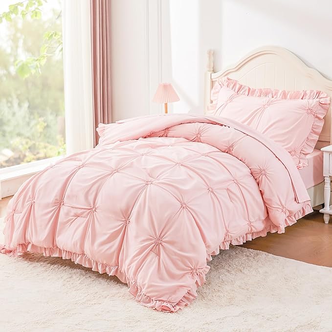 Wowelife Twin Comforter Set for Girls, Boho Pintuck Bedding Comforter Sets, 4 Pieces Ruffles Jacquard Embroidery Twin Bedding Sets with Comforter, Fitted Sheet, Flat Sheet and Pillowcase, Pink