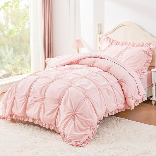 Wowelife Twin Comforter Set for Girls, Boho Pintuck Bedding Comforter Sets, 4 Pieces Ruffles Jacquard Embroidery Twin Bedding Sets with Comforter, Fitted Sheet, Flat Sheet and Pillowcase, Pink