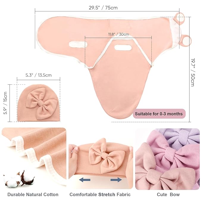 DRESHOW BQUBO 3 Pack Baby Swaddle Sleep Sacks Baby Swaddling Blanket Wrap Newborn Swaddle Sack with Big Bow Hat for Boys Girls 6-12 Lbs Newborns & 0-3 Months Girls Boys