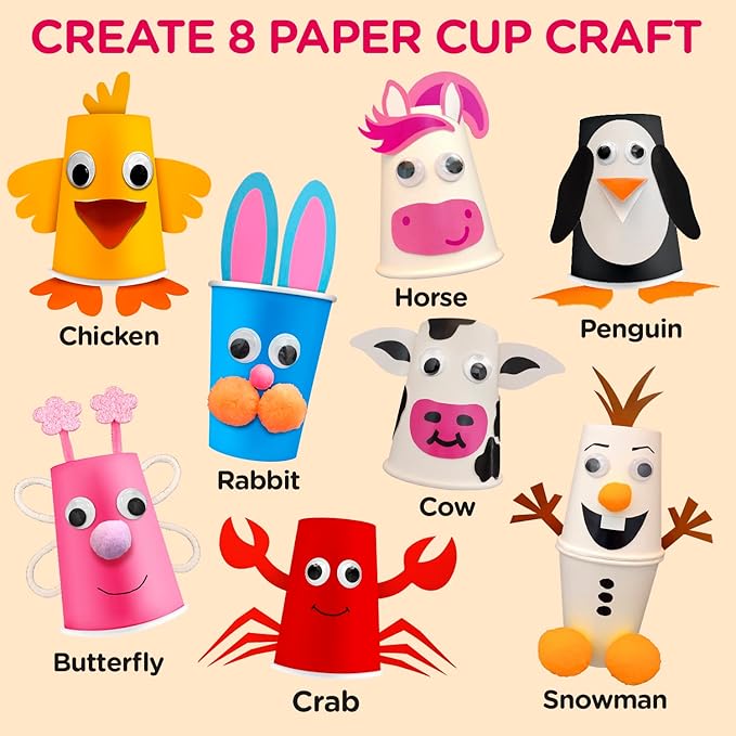 Arts and Crafts for Toddlers & Kids Ages 3-6 – Paper Cup Craft Kit, 8 Animal Projects – Fun Preschool Activity for Girls & Boys